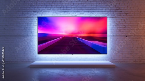 A photo of an LED TV on a white wall with neon lights.