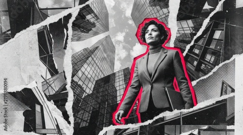 Striking black and white collage portrait of a confident businesswoman standing in urban architecture with high contrast for bold marketing banners, web design, or corporate presentations.