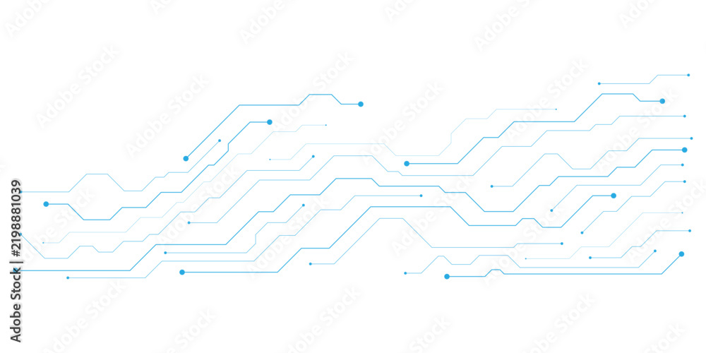 Obraz premium Futuristic blue circuit board pattern vector, digital technology background with electronic lines and nodes, high-tech motherboard data flow illustration for cyber security and AI
