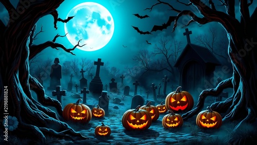 Spooky halloween pumpkins in a graveyard at night with a full moon