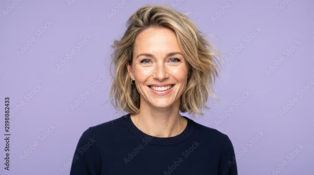 Fototapeta premium Brightly lit professional woman smiling for corporate headshot stock photo ideal for marketing web design banners and business profiles.