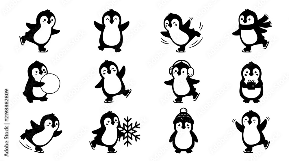 Obraz premium Penguins Set with Various Poses, Winter Activities, and Accessories