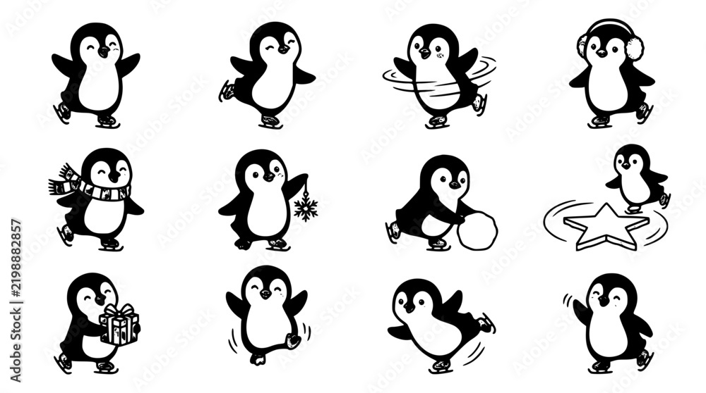 Obraz premium Penguins Set with Various Actions, Winter Activities, and Playful Poses