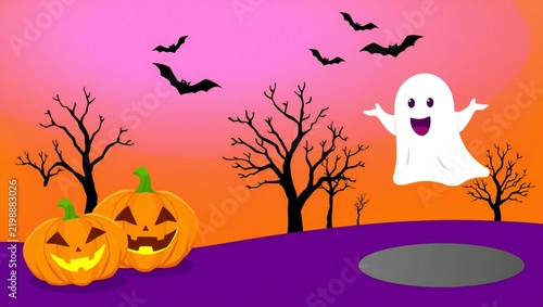 Cute happy ghost flying with pumpkins and bats in a spooky halloween night landscape