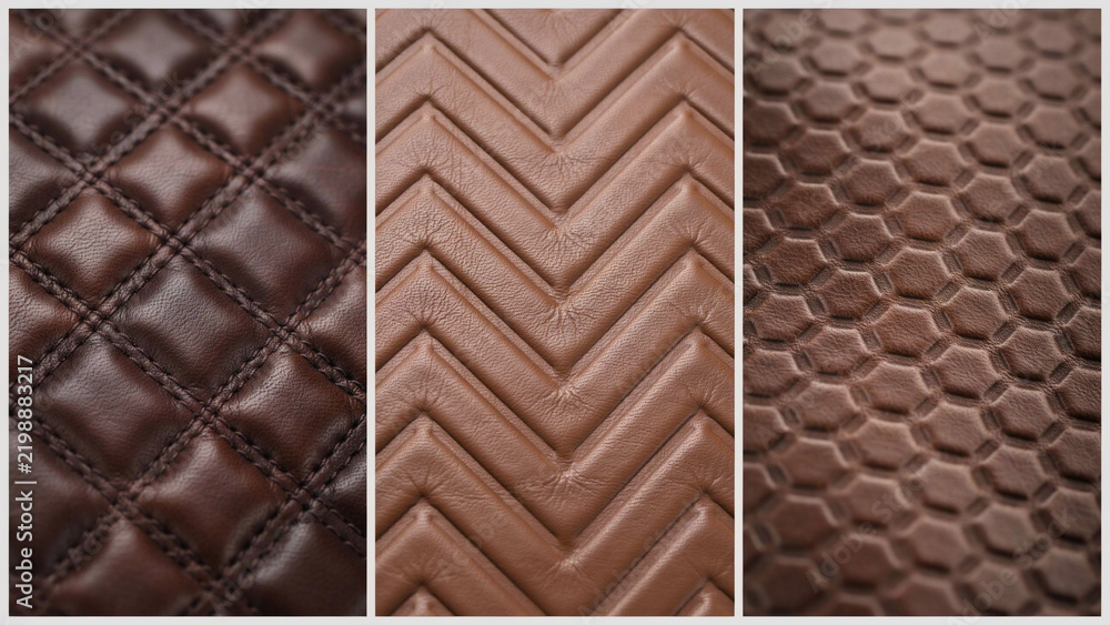Fototapeta premium Close up view of three different brown leather textures with quilted, herringbone, and