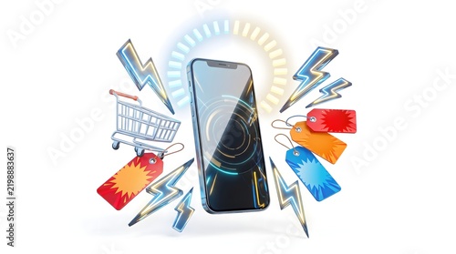 Smartphone promo banner with shopping cart discount tags and energy lightnings.