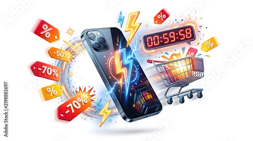 Smartphone flash sale poster with shopping cart discount tags and countdown timer.