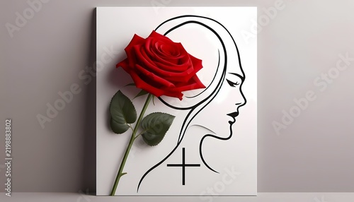A minimalist feminist banner with accompanied by a simple line drawing of a womans profile and a single red rose, Ai generated image