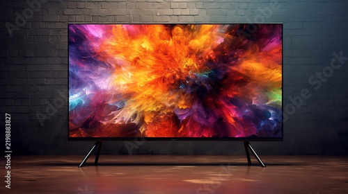 A photo of an LED TV with colorful abstract graphics.