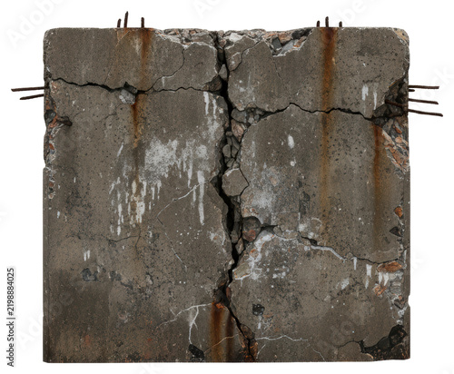 Cracked reinforced concrete block with rusty rebar cut out on transparent background