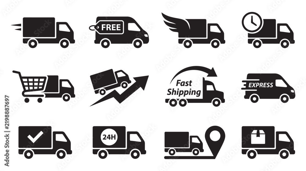 Obraz premium Collection of delivery truck icons with various symbols black silhouette
