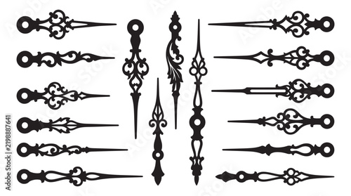 Collection of ornate clock hands in black silhouette