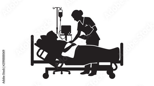Nurse tending to patient in hospital bed black silhouette