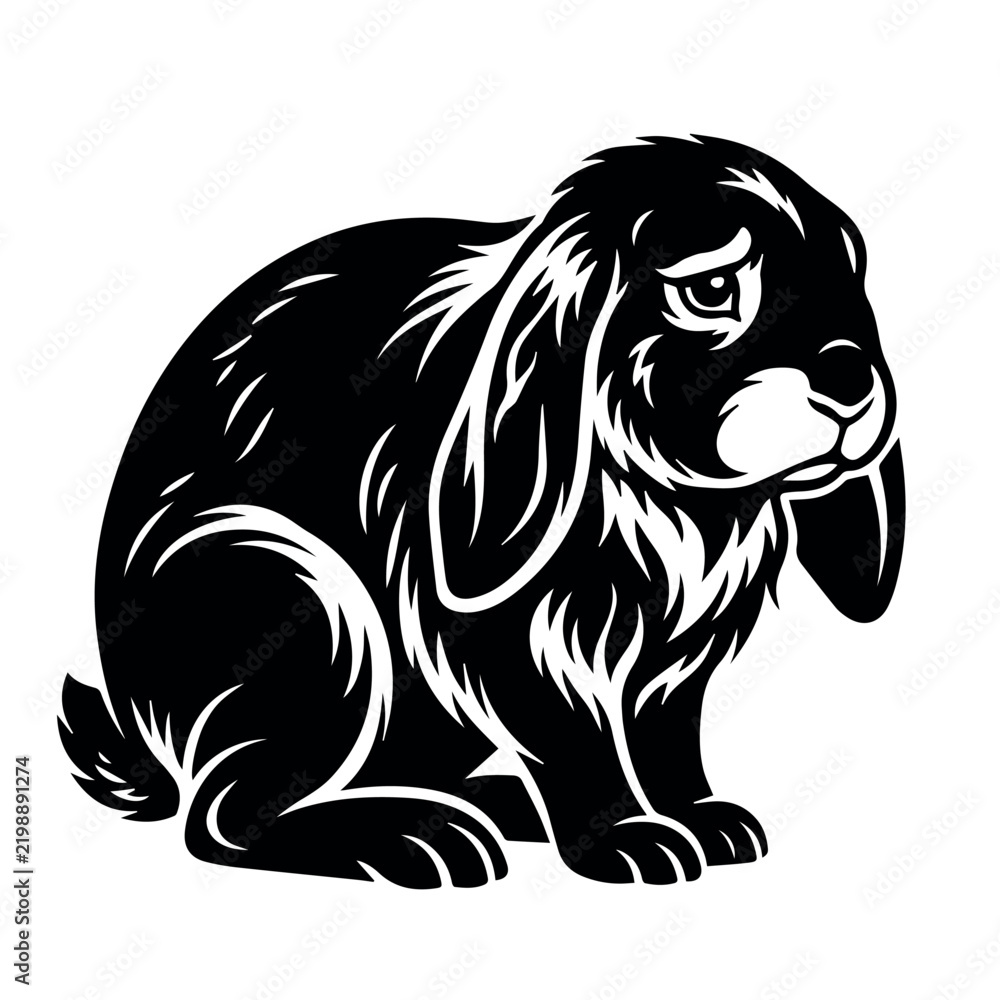 Obraz premium Black and white graphic illustration of a lop eared rabbit on white background