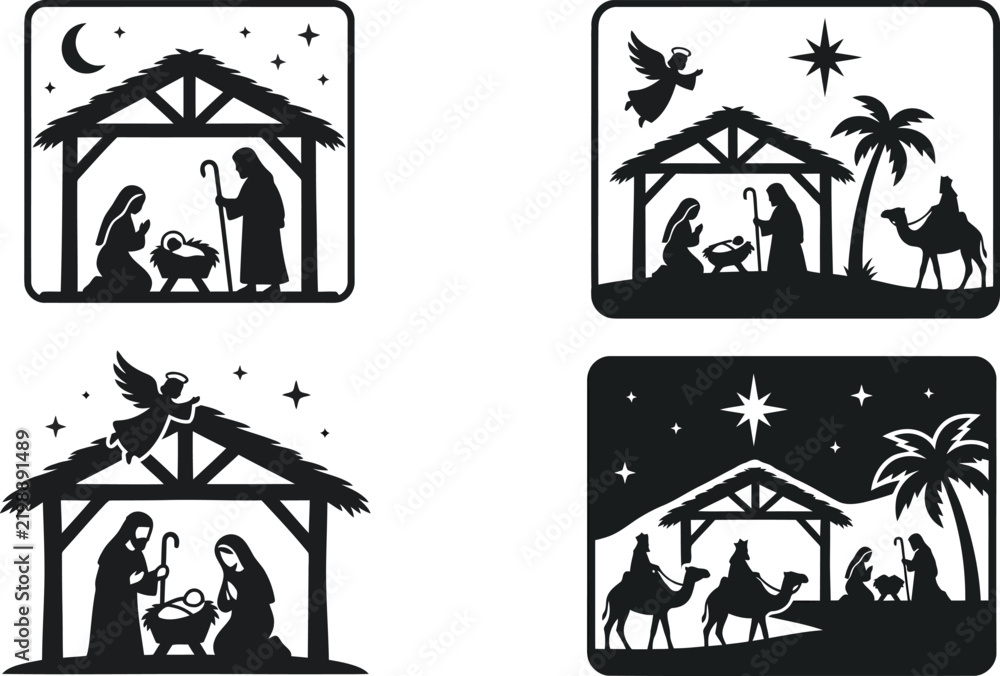 Fototapeta premium Set of four christmas nativity scene silhouettes with holy family and wise men