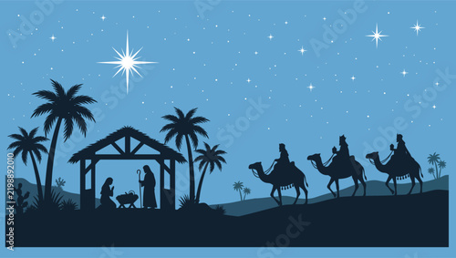 Obraz na plátně Nativity scene silhouette with the three wise men and the star of bethlehem