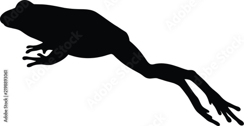 Black silhouette of a jumping frog in motion showing the body shape and long legs isolated as a vector icon for wildlife and nature design projects and logos