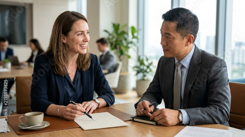 Diverse business colleagues collaborating at office desk, smiling and discussing plans.