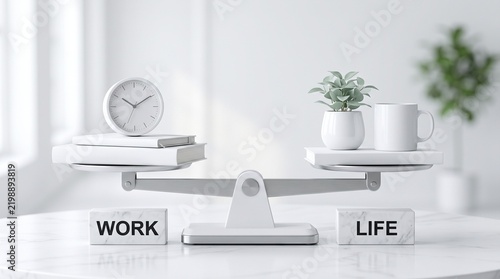 Concept of work life balance depicted by a scale weighing work and life objects with priorities lifestyle professional personal equipoise stability management business equality decision