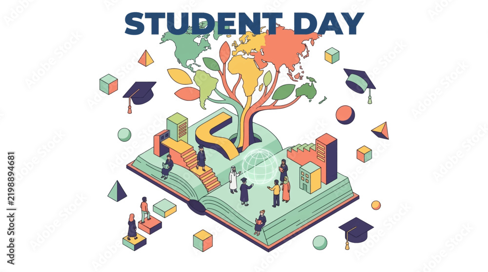 Fototapeta premium Students exploring knowledge through interactive book and global learning on student day with symbols world