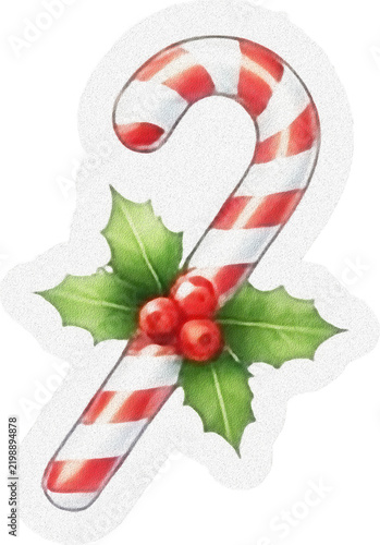 Red and White Candy Cane with Holly Christmas Decoration