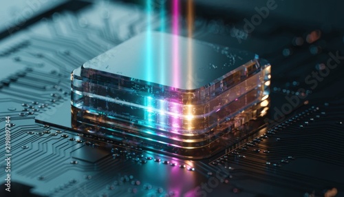 Glowing data streams flow into a stacked microchip on a circuit board