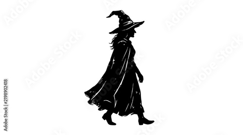 Mystical Witch Walking Silhouette with Vintage Ink Illustration