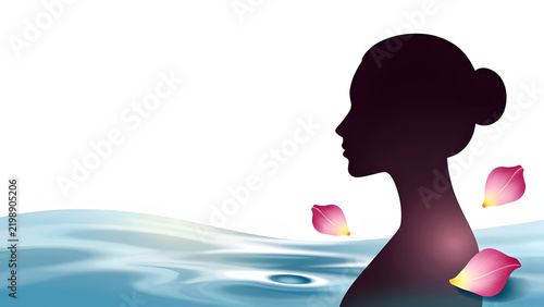 Serenity in Bloom: A silhouetted profile of a woman emerges from rippling blue water, adorned with delicate pink petals, evoking a sense of peace and natural beauty.