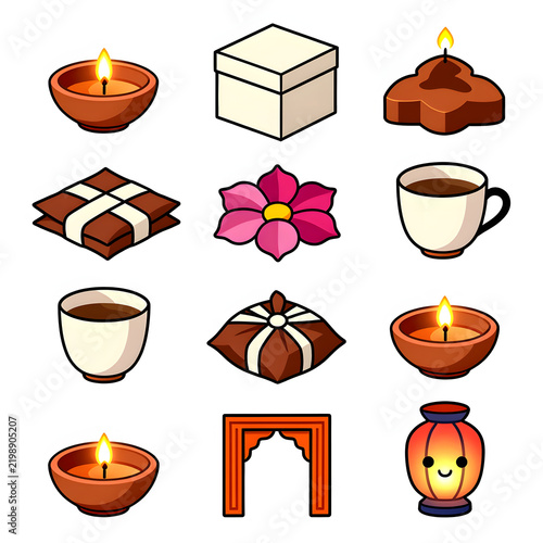 Diwali Symbols Collection: A festive assortment of graphic icons representing Diwali, including diyas, sweets, a lantern, and a decorative arch, perfect for celebratory designs.