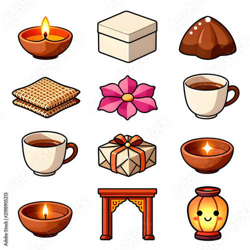 Festive Icons Collection: A charming arrangement of graphic icons representing a diya, gift box, sweets, matzah, flower, coffee cup, Diwali lantern, and decorative arch.