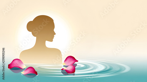 Serene Silhouette and Lotus Petals: A tranquil silhouette of a woman's profile emerges from calming water, adorned with floating lotus petals, evoking a sense of peace and rejuvenation.