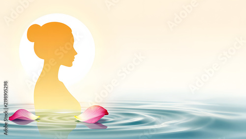 Serene Silhouette: A silhouette of a woman emerges from tranquil waters, with soft petals floating around, bathed in the warm light of a rising sun. This image evokes a sense of peace, reflection.
