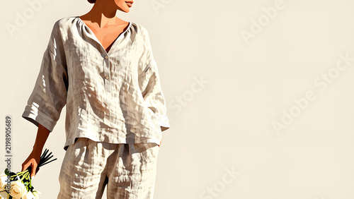 Effortless Linen Ensemble: A woman elegantly poses in a relaxed linen shirt and trousers, holding a bouquet of white flowers, embodying a chic and comfortable lifestyle.
