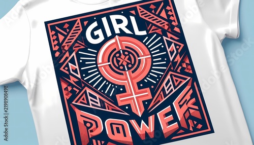 A bold, graphic design for a product, featuring a striking geometric pattern with a central, modern female symbol and the words girl power in a clean, Ai generated image
