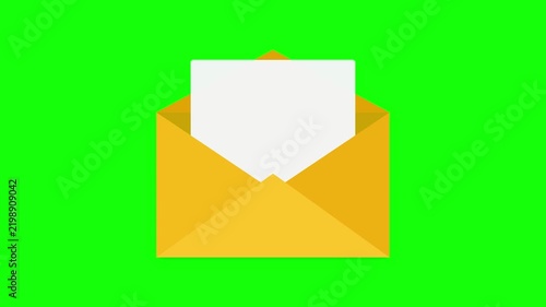 Set of flat design yellow envelope icons with paper letters isolated on a green screen background for chroma key