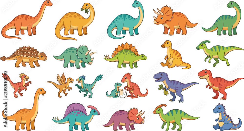 Obraz premium Cute dinosaur cartoon vector illustration set featuring funny prehistoric characters including tyrannosaurus rex triceratops brachiosaurus and stegosaurus cliparts