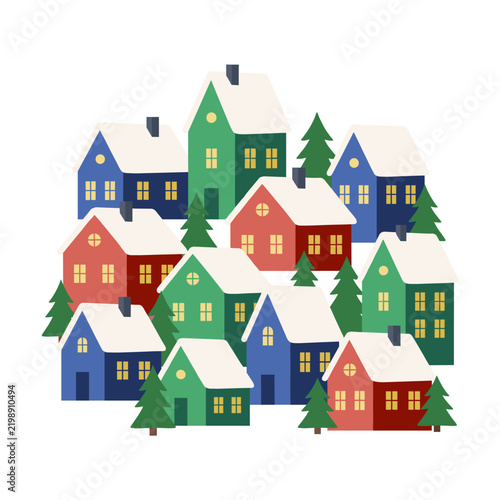 Scandinavian Winter Village Houses Vector Illustration