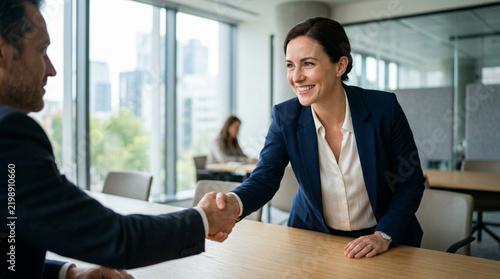 Businesswoman shaking hands with male colleague in modern office meeting