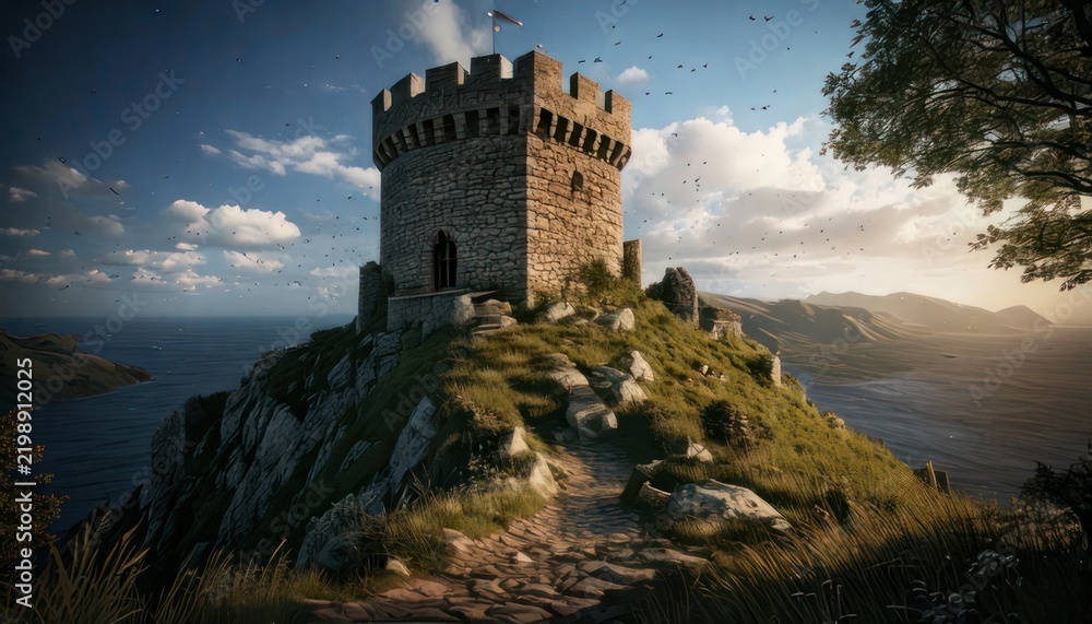 Obraz premium Medieval Castle Tower on Rocky Hilltop.