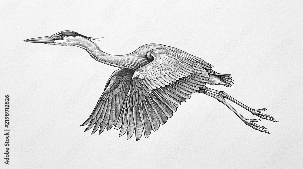 Fototapeta premium Heron ink drawing in classical scientific style for biological encyclopedias and naturalist art decor.