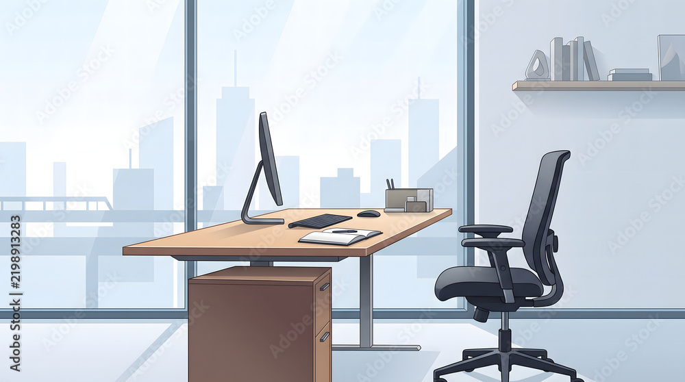 Obraz premium Modern minimalist home office workspace with wooden desk and ergonomic chair overlooking a bright city skyline view