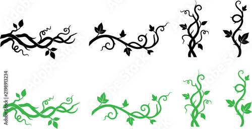 Set of hand drawn olive branches with leaves in black and green color variations