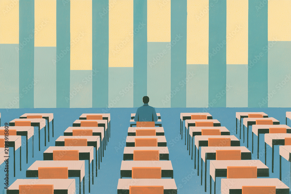Obraz premium Lone Student Seated in Vast Exam Hall With Rows of Empty Desks, Exam Stress and Test Anxiety Concept 