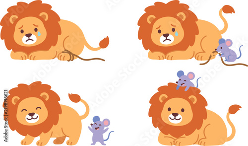 Bild auf Leinwand The lion and the mouse fable cartoon vector illustration set featuring cute char