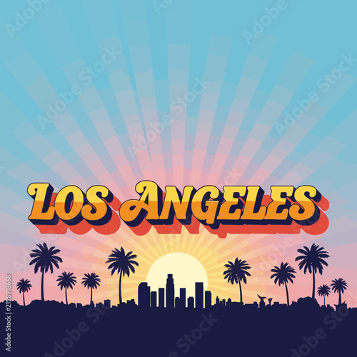 Los Angeles Retro Sunset Skyline with Palm Trees, City Silhouette, Vintage Vibe