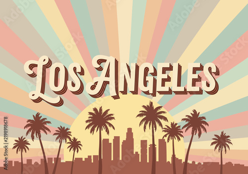 Los Angeles Retro Sunset Skyline with Palm Trees and Sunburst