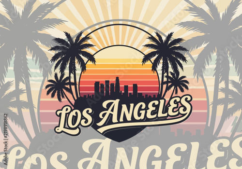Los Angeles retro sunset with palm trees and cityscape silhouette