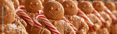 Gingerbread men cookies marching with candy canes, representing holiday joy and sweet christmas treats