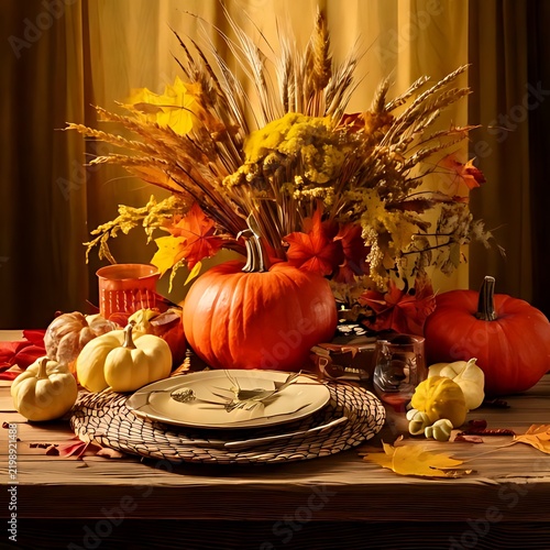 Festive Thanksgiving table centerpiece with pumpkins and dried autumn flowers.