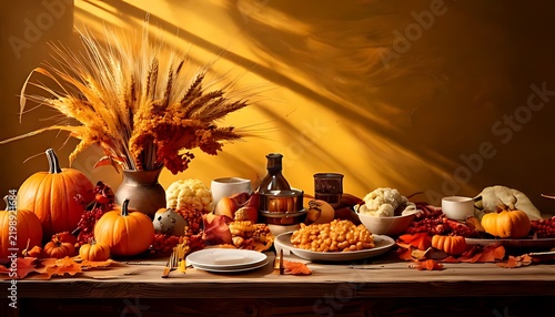 Festive Thanksgiving table setting with pumpkins and autumn harvest decoration.